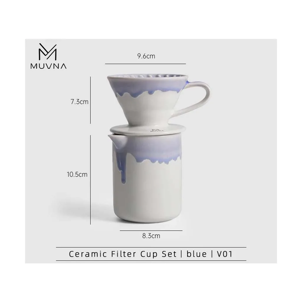 قهوه ساز v60 سایز 01 با سرور سرامیکی لبه رنگی آبی MUVNA