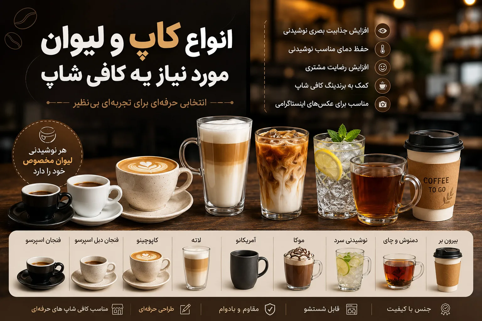 انواع کاپ و لیوان مورد نیاز کافی شاپ | راهنمای خرید لیوان کافی شاپ