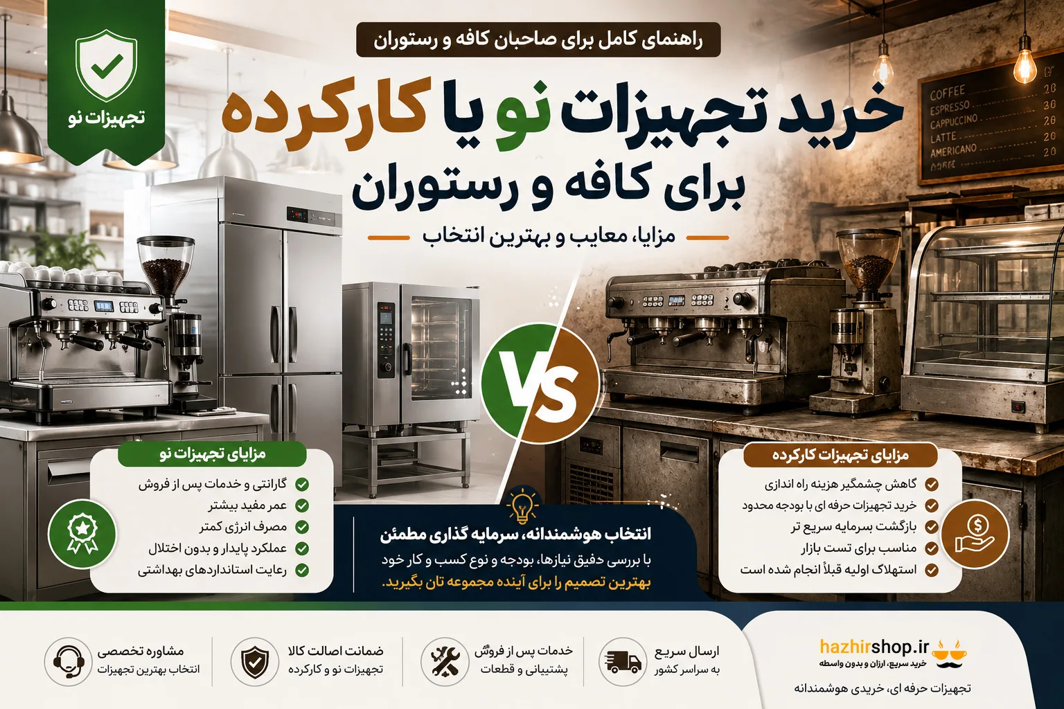 خرید تجهیزات نو یا کارکرده برای کافه و رستوران؟ بررسی کامل مزایا، معایب و بهترین انتخاب در ۱۴۰۵