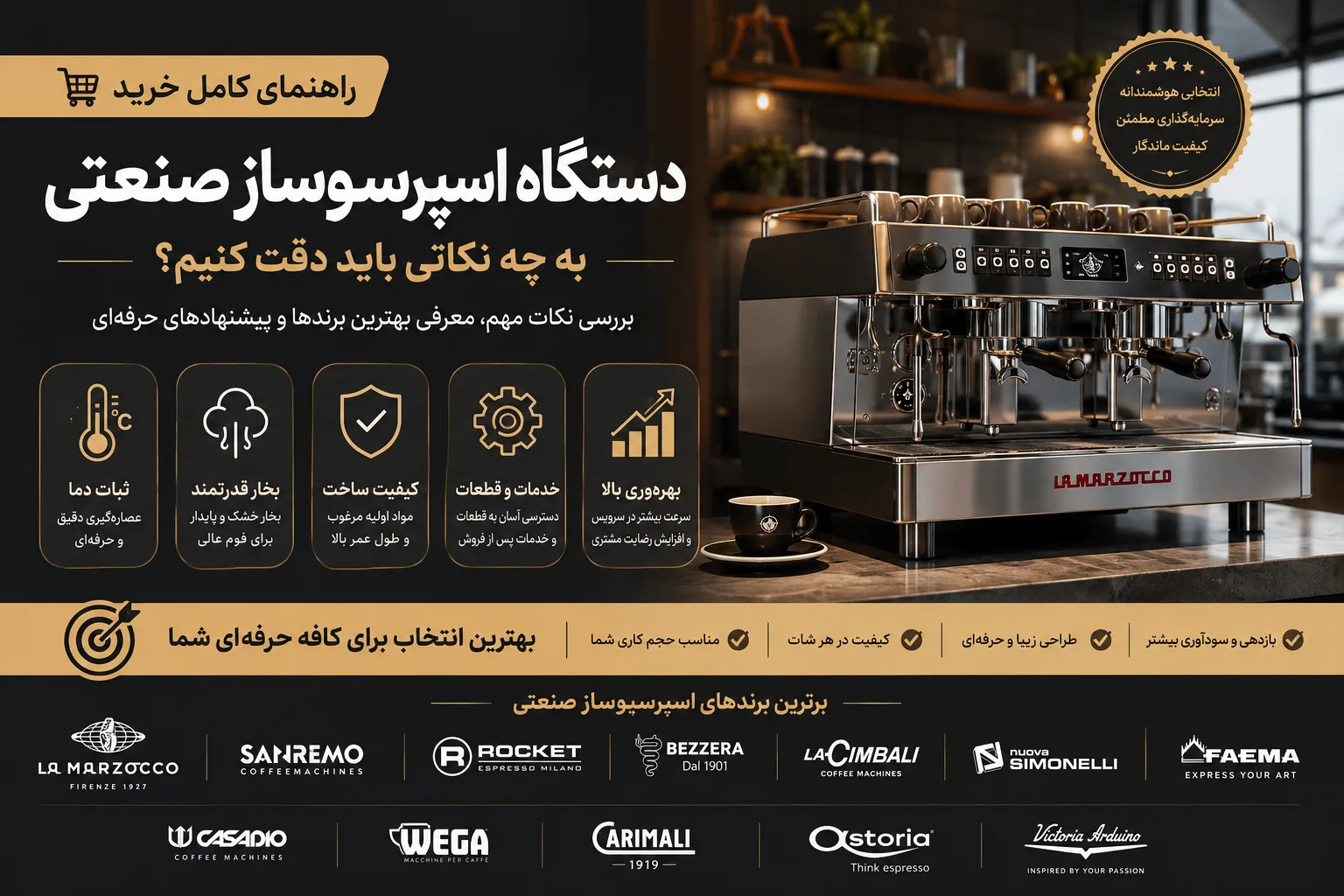 راهنمای خرید دستگاه اسپرسوساز صنعتی ۲۰۲۶ | بهترین برندها + نکات طلایی انتخاب