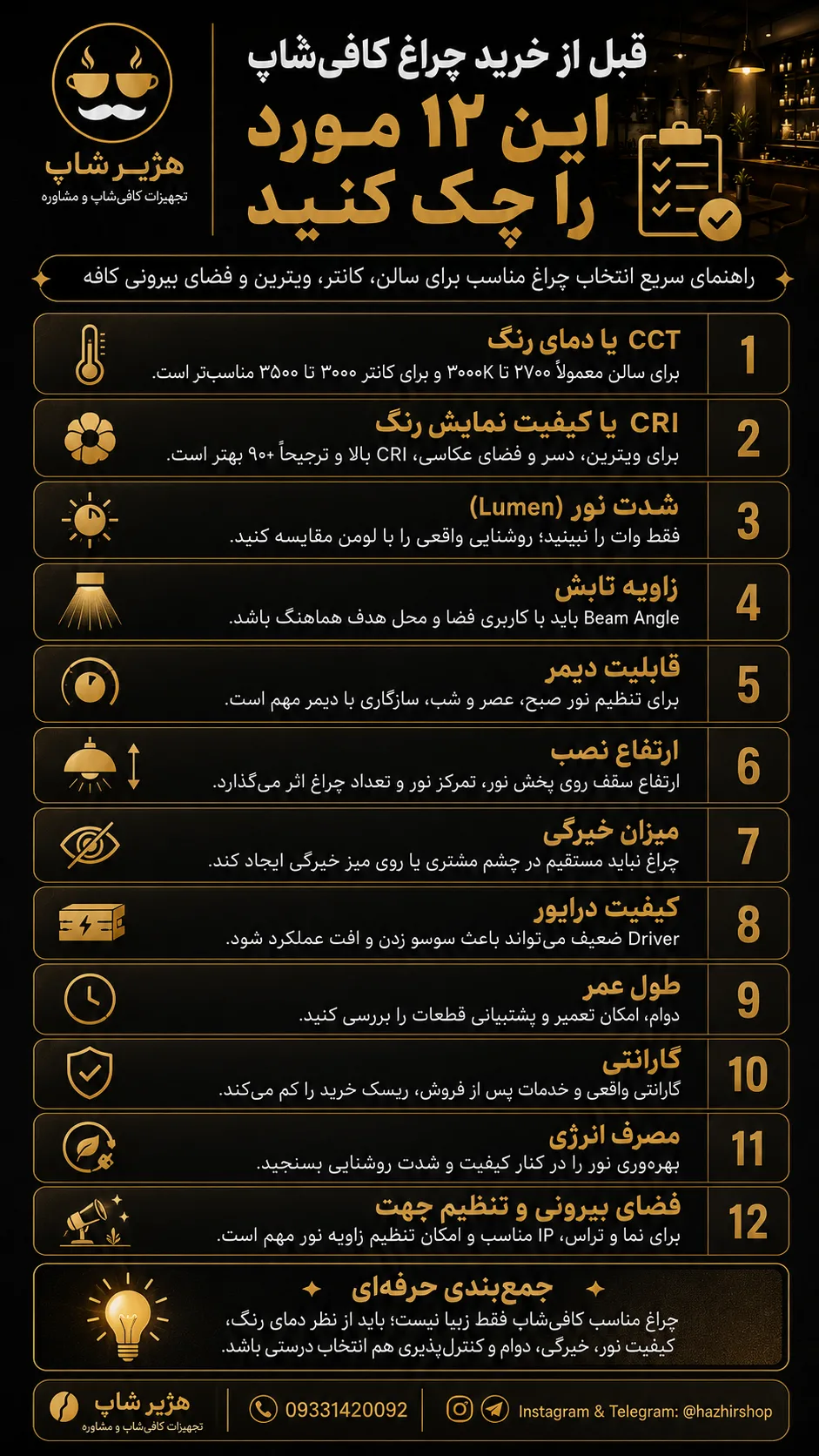 چک‌لیست خرید چراغ برای کافی‌شاپ