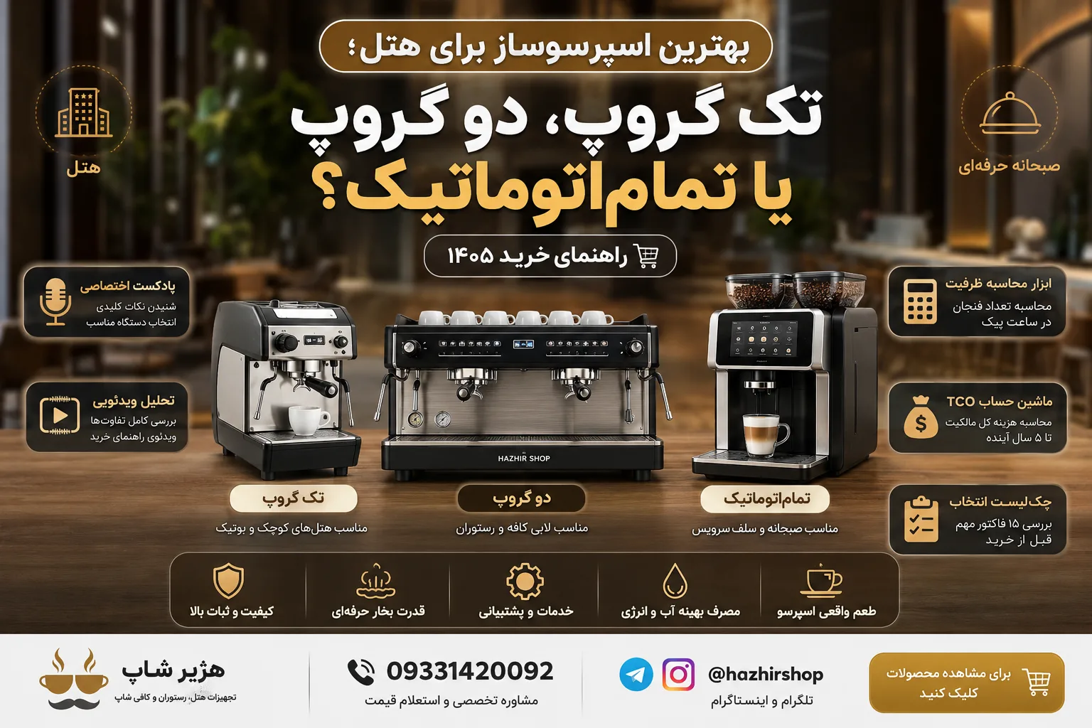 بهترین اسپرسوساز برای هتل؛ تک گروپ، دو گروپ یا تمام‌اتوماتیک؟ راهنمای خرید ۱۴۰۵