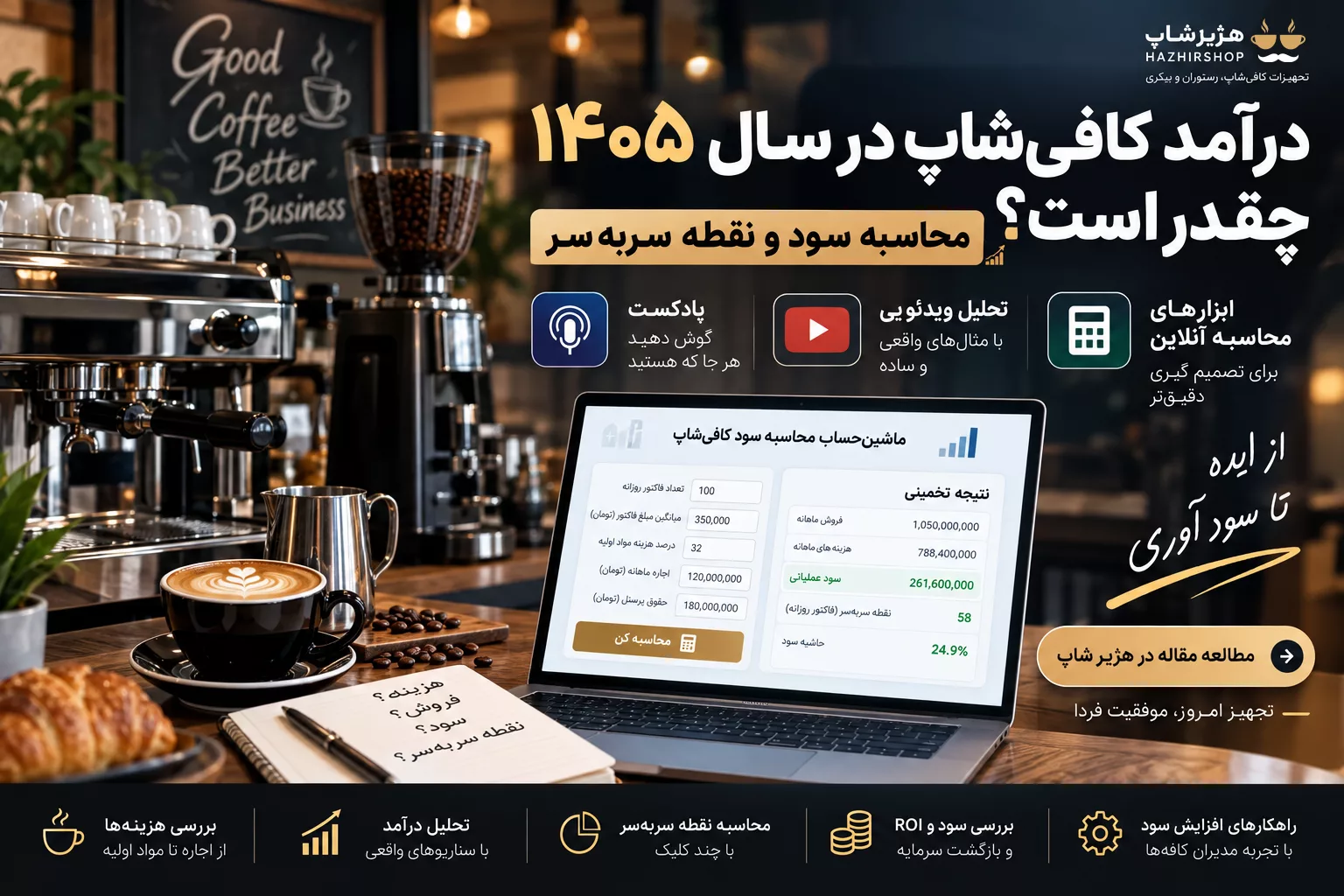 درآمد کافی‌شاپ در سال ۱۴۰۵ چقدر است؟ محاسبه سود و نقطه سربه‌سر
