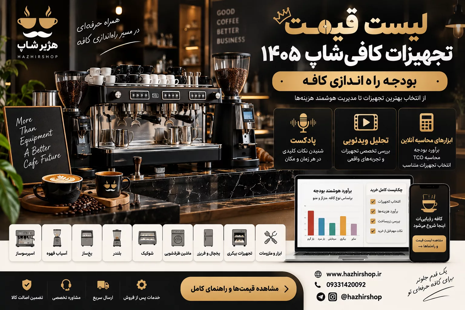 لیست قیمت تجهیزات کافی‌شاپ ۱۴۰۵ + بودجه راه‌اندازی کافه