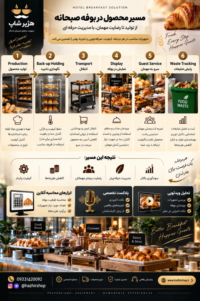ینفوگرافیک مسیر محصول: Production ← Back-up Holding ← Transport ← Display ← Guest Service ← Waste Tracking