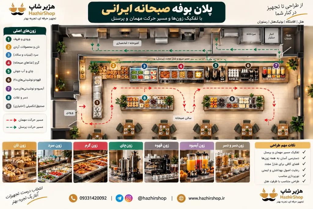 پلان تصویری بوفه صبحانه با Zoneهای نان، سرد، گرم، چای، قهوه، آبمیوه و مسیر Service.