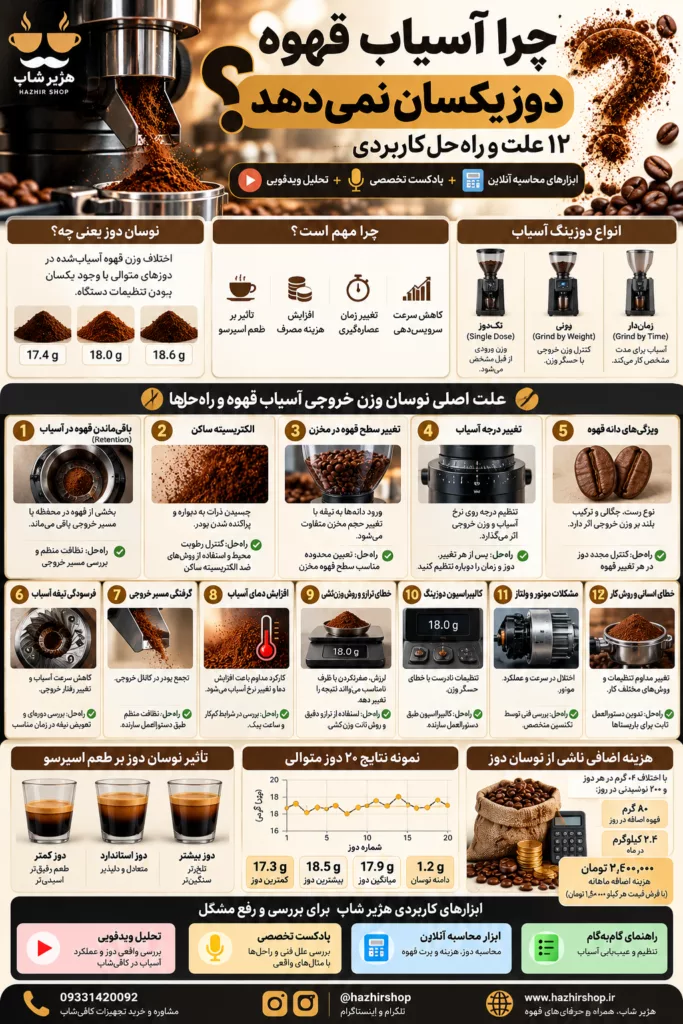چرا آسیاب قهوه دوز یکسان نمی‌دهد؟ ۱۲ علت و راه‌حل